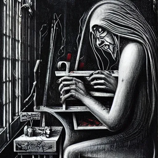 Prompt: a painter at his easel crying in despair, painting by HR Giger