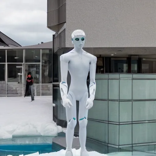 Image similar to made of ice, a realistic detailed photo of a guy who is an attractive humanoid who is half robot and half humanoid, who is a male android, on display, blank stare, showing off his muscles, shiny skin, posing like a statue, by the pool, frozen ice statue, f 1 driver pierre gasly, humanoid robot