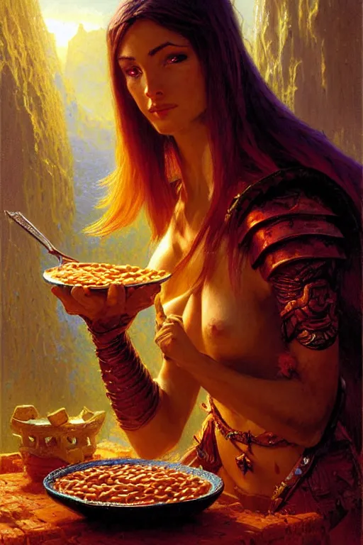 Image similar to extremely detailed painting of a beautiful night elf, in a set of night elf armor, eating baked beans, painting by gaston bussiere, craig mullins, greg rutkowski,