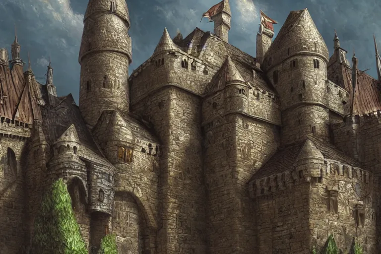 Image similar to A medieval castle, texture, intricate, details, highly detailed, masterpiece, architecture, building, trending on artstation, focus, sharp focus, concept art, digital painting, fantasy, D&D, tabletop, rpg, roleplay, sunny, day, midday, photograph, still