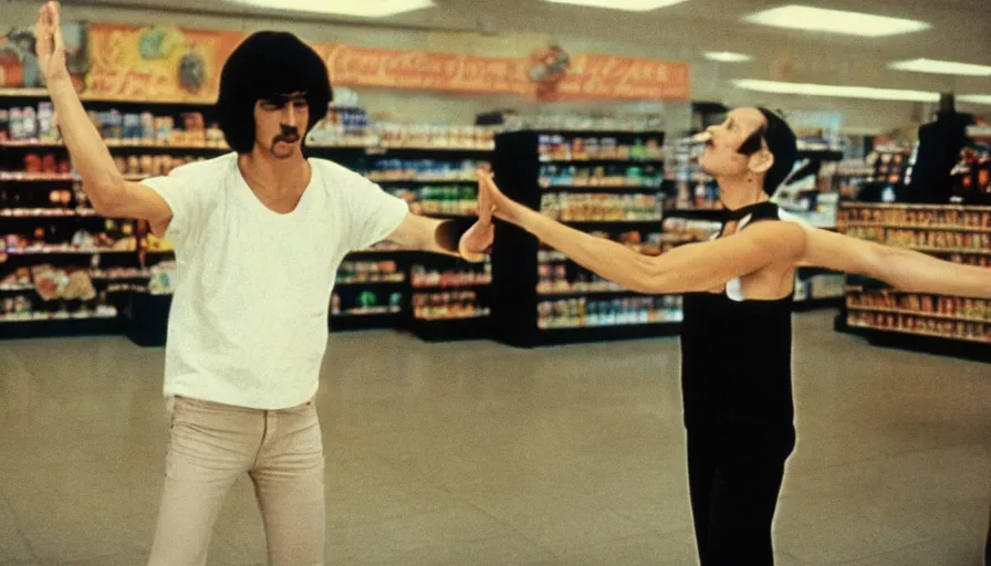 Image similar to 7 0 s film still from a horror movie featuring a person practicing qi gong in the middle of a grocery store, kodachrome, cinecolor, cinestill, photorealism, cinematic, film grain, film texture, vhs recording