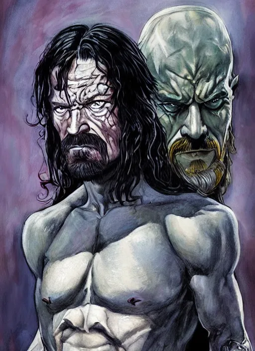 Image similar to portrait of walter white as conan the barbarian by frank frazetta and harumi hironaka