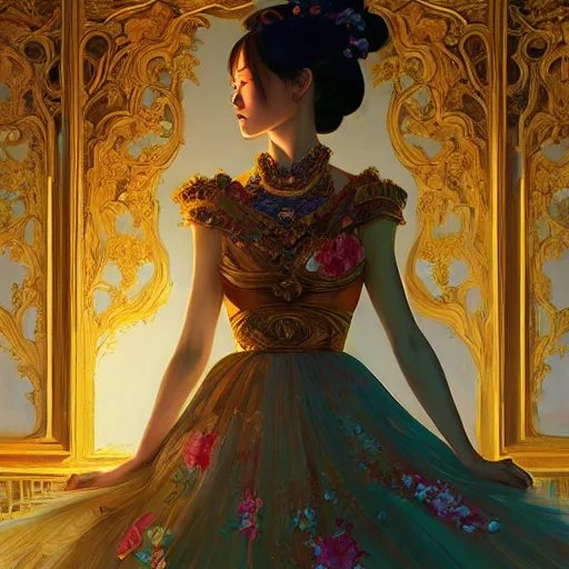 Image similar to beautiful girl in ornate clothing by ross tran, in a royal theatre, painted by sana takeda, reflections, very high intricate details, painting by liu xiaodong, digital anime art, medium shot, mid - shot, composition by ilya kuvshinov, backlit, lighting by greg rutkowski