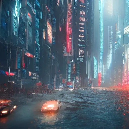 Prompt: a giant terrifying stream destroying a dystopian city, cyberpunk, sharp focus, dynamic lights, still, photograph, hyper realistic, masterpiece, octane render, rendered, 3 d, cinematic, cinematic lighting, dramatic lighting, highly detailed, intricate details, texture, cinematic composition, by donglu yu and kevin jick and eddie del rio