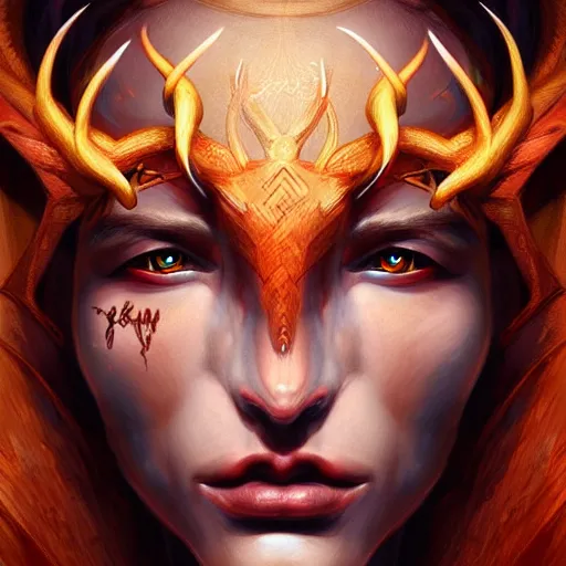 Image similar to Dramatic portraiture of Uuen, the Pictish god of stags, mixed media, trending on ArtStation, by Viktor Vasetnov and ArtGerm, luminism