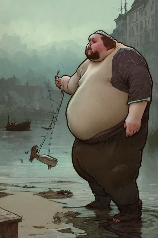 Prompt: fullbody portrait of a fat man wuth fish - like features, dressed with old dirty clothes, soft light, by greg rutkowski and alphonse mucha, in front of an olf fishing village background, highly detailed portrait, digital painting, artstation, concept art, smooth, sharp focus illustration