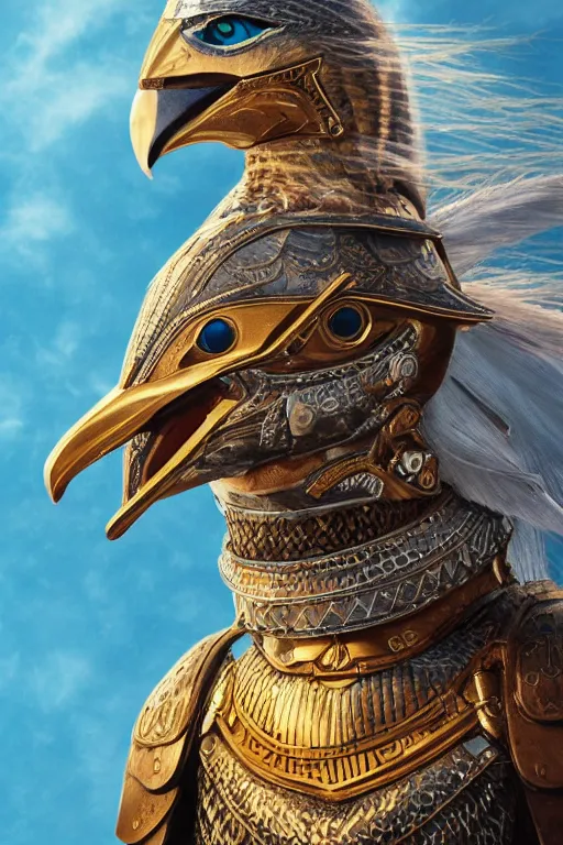 Image similar to realistic detailed photo of ladyhawke, soaring through the sky, blue eyes, woven armour with , intricate complexity, Behance, golden ratio, fibanci background, vray, rich deep colors