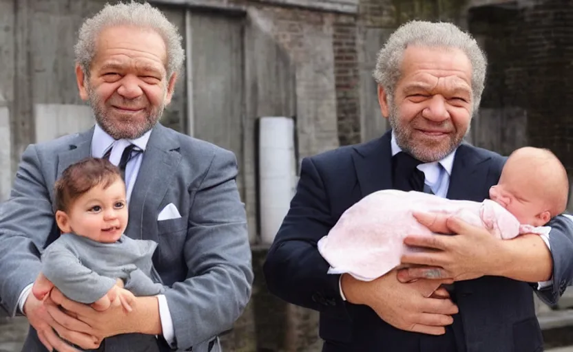 Prompt: alan sugar cradling alan sugar. holding a baby. baby alan sugar. holding in arms. cradling. cradling. happy