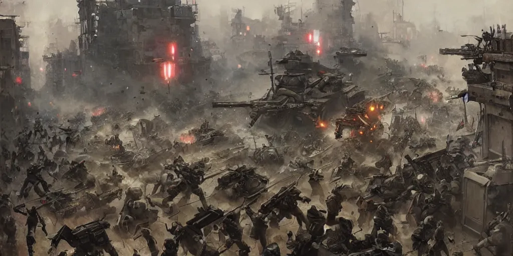 Image similar to french army and civilians are getting slaughtered by samurai robots in the interbellum paris, detailed painting, intense heavy street battle, bullet hell, pile of bodies, artillery bombings, blood on the streets, art by greg rutkowski and jakub rozalski