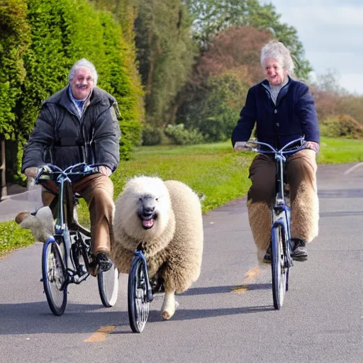 Image similar to two old english sheep dogs on a tandem bicycle