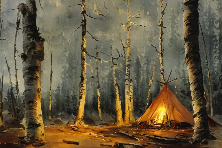 Image similar to small centered on white watercolor paper, paint brush strokes, abstract watercolor painting of scandinavian hunter tent camp, smoking log fire, birch tree forest, nightfall sharp light, cinematic light, american romanticism by hans dahl, by jesper ejsing, by anders zorn, by greg rutkowski, by greg manchess, by tyler edlin