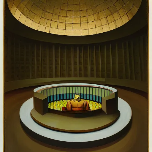 Prompt: portrait of an evil mastermind inside a dome - shaped control center, evil lair, grant wood, pj crook, edward hopper, oil on canvas