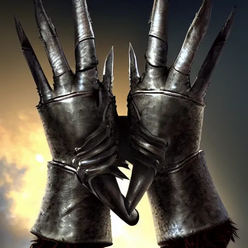 Image similar to metal claws on gloves, old leather gloves with attached talons, pointy fingertips, dark background, highly detailed, 8 k, trending on artstation, mystic, rpg artwork, by peter jackson, by sauron