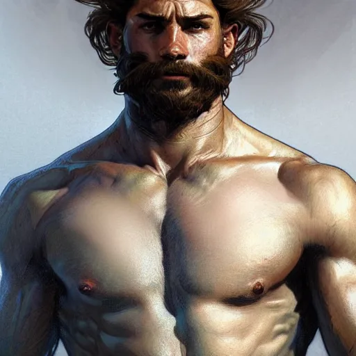 Image similar to portrait of a young rugged ranger, muscular, upper body, hairy torso, D&D, fantasy, intricate, cinematic lighting, highly detailed, digital painting, artstation, concept art, smooth, sharp focus, illustration, art by Artgerm and Greg Rutkowski and Alphonse Mucha