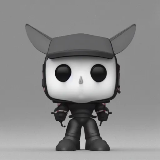 Image similar to a 3d render of technoblade as a funko pop stood Infront of the box, studio lighting, grey background