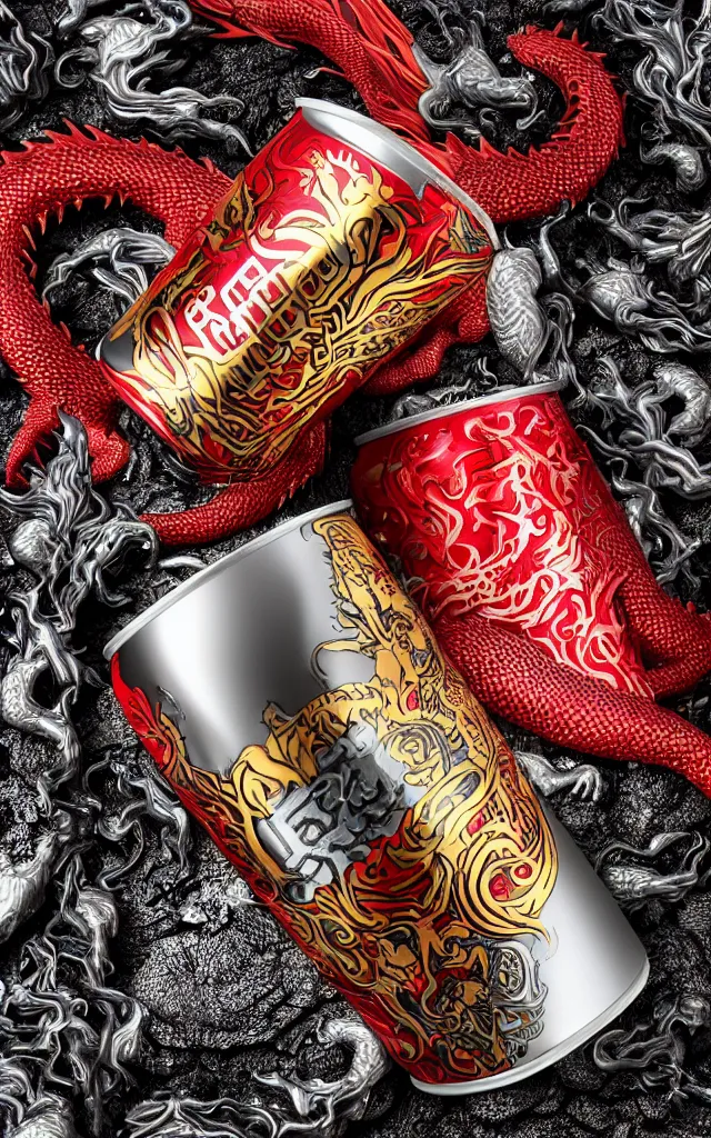 Prompt: a single aluminium can of a dragon-flavored energy drink, intricate and detailed, gold red and silver design, professional studio photography, black sand and red lava background, packshot