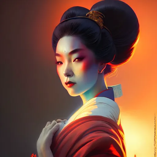 Image similar to pretty geisha, d & d digital painting, ultra realistic, beautiful, volumetric lighting, warm colors advance, cell shading, by james jean, greg rutkowski, wlop