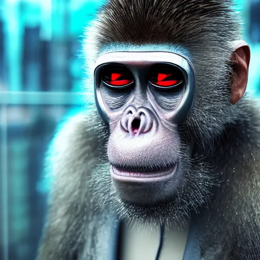 Image similar to Photography of ultra mega super hyper realistic detailed monkey by Hiromasa Ogura wearing cyberpunk style suit . Photo full lenght view on Leica Q2 Camera, Rendered in VRAY and DaVinci Resolve and MAXWELL and LUMION 3D, Volumetric natural light. Wearing cyberpunk suit with many details by Hiromasa Ogura .Rendered in VRAY and DaVinci Resolve and MAXWELL and LUMION 3D, Volumetric natural light