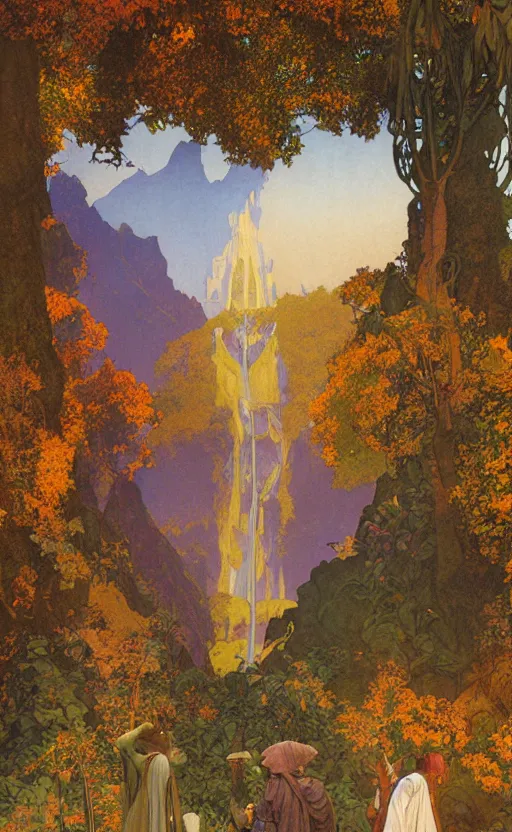 Image similar to adventurers journeying into Rivendell at sunset in the autumn, by Maxfield Parrish, Mucha, Donato Giancola, Thomas Kincade, and James Gurney