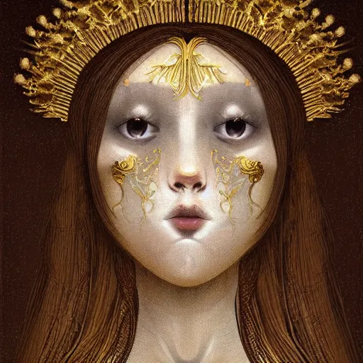 Image similar to a beautiful girl made of ivory and gold, highly intricate, digital art, very detailed, in the style of a weird and dark art noveau flemish painting, foggy