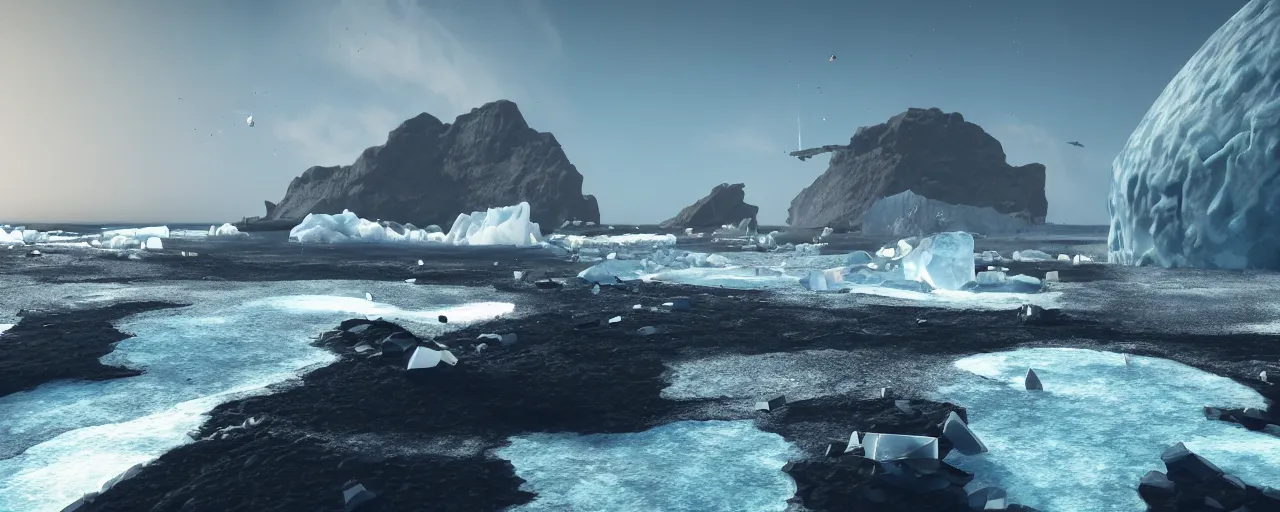 Image similar to matte painting of military spacecraft crashing into a black sand beach with icebergs in the distance, trending on artstation, octane render, hd, 8 k