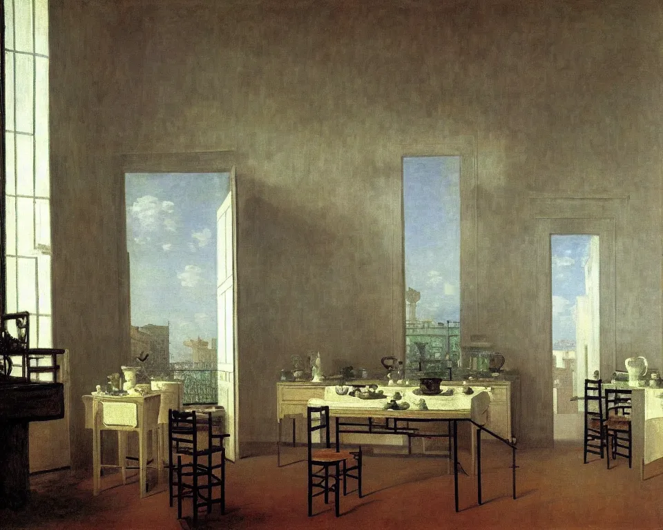 Prompt: achingly beautiful painting of a sophisticated, well - decorated kitchen on warm background by rene magritte, monet, and turner. giovanni battista piranesi.