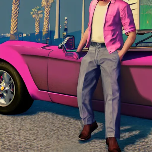 Image similar to gta v covert art by stephen bliss of ryan gosling wearing aviator sunglesses near a pink convertible car