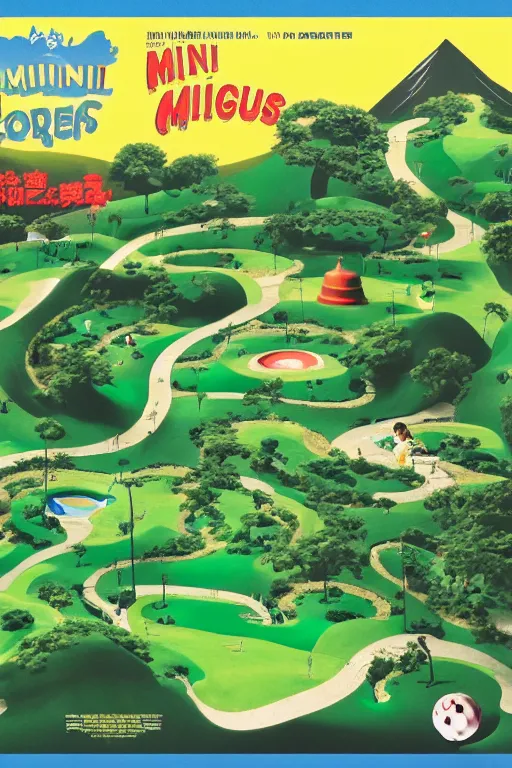 Prompt: poster for mini golf course in a museum, miyazaki movie