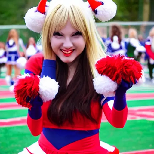 Image similar to a demon horned smiling anime girl wearing cheerleader dress holding cheerleader pompom on both hands