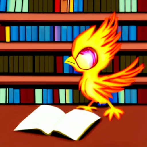 Prompt: a cute adorable phoenix fledgling learning to read in a library #MMO