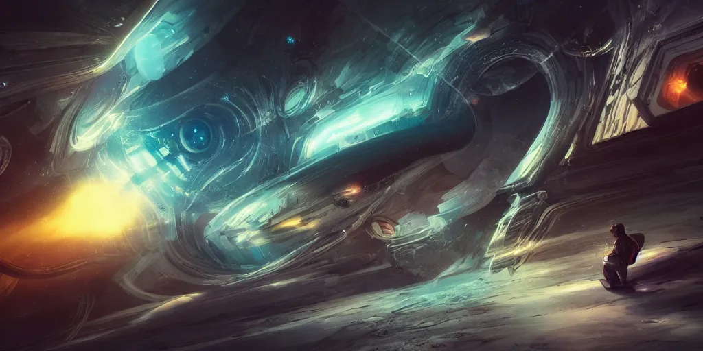 Image similar to the time bending machine distorts space around it, concept art, digital illustration, trending on artstation, deviantart, artgerm, epic composition, masterpiece, highly detailed, advanced technique, ambient lighting, wlop, ross draws