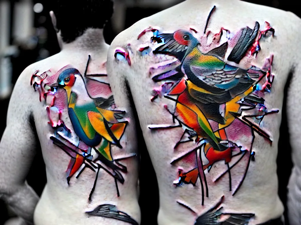 Prompt: a perfect photograph of a graffiti tattoo of a pigeon on a mans back. he is structurally deficient and his bones are bursting through his skin. n.