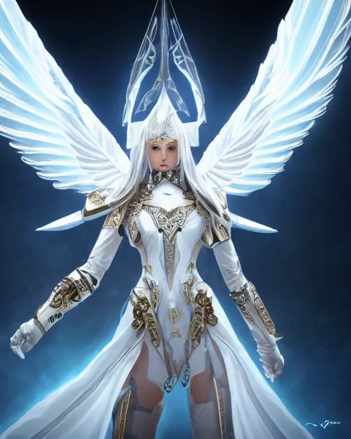 Image similar to perfect ornate white haired attractive egyptian goddess with huge white dove wings, warframe armor, beautiful, symmetric, dreamy, half asian, pretty face, blue eyes, detailed, scifi platform, laboratory, experiment, 4 k, ultra realistic, epic lighting, android body, illuminated, cinematic, masterpiece, art by akihito tsukushi, voidstar