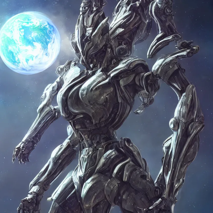 Image similar to goddess shot, galactic sized stunning beautiful anthropomorphic robot mecha female dragon, in space, larger than planets, holding the earth, the earth a mere marble in her claws, detailed silver armor, epic proportions, epic scale, detailed digital art, ultra detailed, furry, macro art, dragon art, giantess, warframe fanart, furaffinity, deviantart, realistic