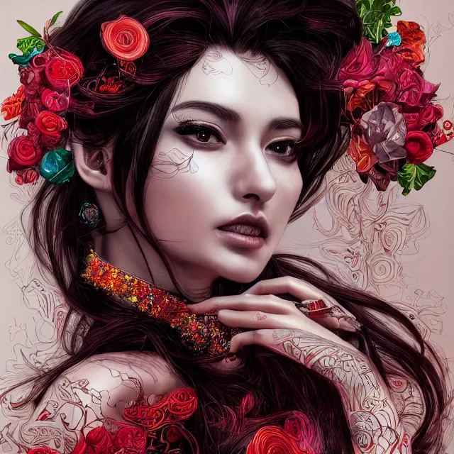 Image similar to an absurdly beautiful, elegant, young hypercolorful sensual woman made of rubies and red gems, ultrafine hyperrealistic detailed face illustration by kim jung gi, irakli nadar, intricate linework, sharp focus, bright colors, matte, octopath traveler, final fantasy, unreal engine highly rendered, global illumination, radiant light, intricate environment