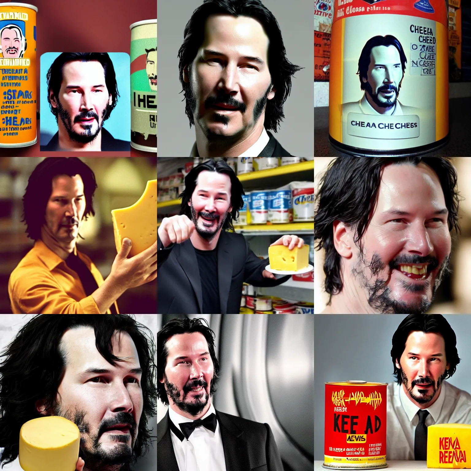 Prompt: a can of cheese full of keanu reeves