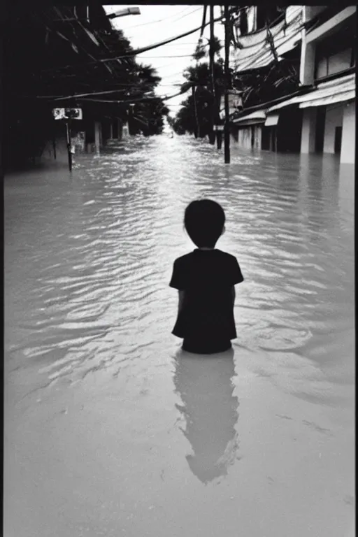 Prompt: photo polaroid of sad and lonely child in the middle of a completely flooded street in bangkok, loneliness, black and white ,photorealistic, 35mm film,