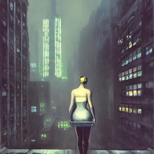 Image similar to “ girl standing on a roof looking down at a foggy futuristic new york city below, ghostpunk, blade runner, cyberpunk, brutalist, very detailed, by george bellows ”