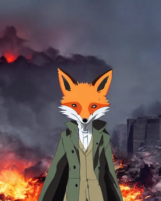 Image similar to a fox in a black trench - coat in front of a huge explosion in the middle of a war, style of anime