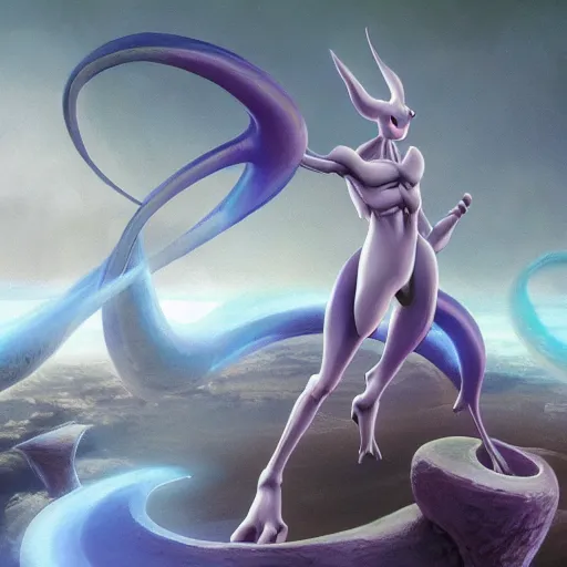 Image similar to Mewtwo (From Pokémon), elden ring boss, matte painting, detailed, elden ring, oil on canvas