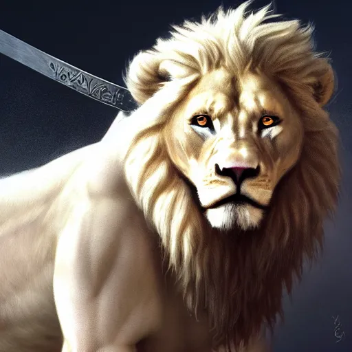 Image similar to commission of a male anthropomorphic albino lion holding a sword,digital art,art by greg rutkowski,trevor henderson,ross tran,photorealistic,hyperdetailes,highly realistic,natural lighting,deviantart,artstation,dramatic,cinematic,4k,western comic style,the sky is red,sharp lineart,hard shadows