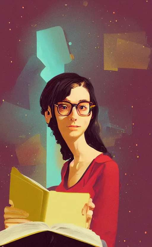 Prompt: a digital art illustrated portrait of a jaded 2 2 year old gen z, female student wearing thin gold - rimmed reading glasses, in the style of a paul lehr masterpiece digital art illustration