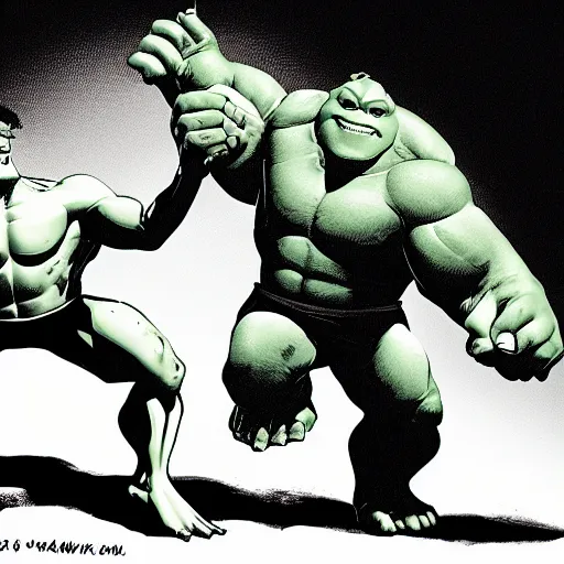 Image similar to shrek fighting the incredible hulk