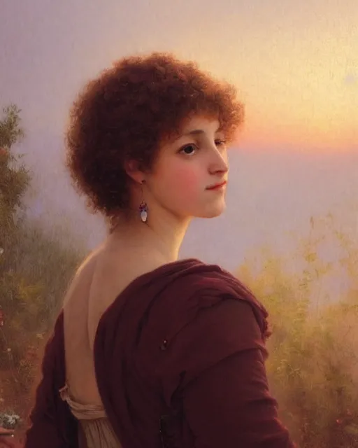 Prompt: beautiful glorious realistic oil painting of a girl, short hair, curly hair, bokeh, in the style of bouguereau, well framed, sunset, highly detailed and photorealistic, 8 k high detail and intricate