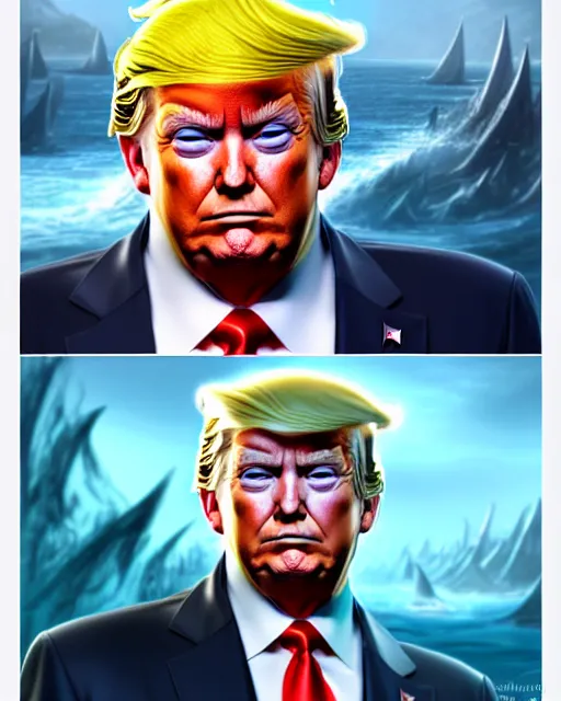 Image similar to character concept art of donald trump as poseidon | cute - fine face, pretty face, realistic shaded perfect face, fine details by stanley artgerm lau, wlop, rossdraws, james jean, andrei riabovitchev, marc simonetti, and sakimichan, tranding on artstation