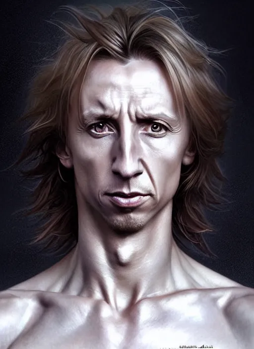 Prompt: portrait of aggressive luka modric, d & d, muscular! white, fantasy, intricate, elegant, highly detailed, digital painting, artstation, concept art, smooth, sharp focus, illustration, art by artgerm and greg rutkowski and alphonse mucha