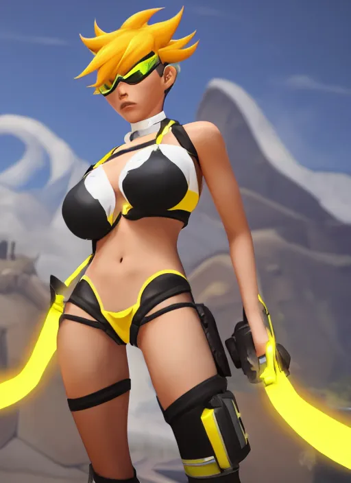 Image similar to tracer game character, in yellow bikini, blonde hair, black eyes, full height