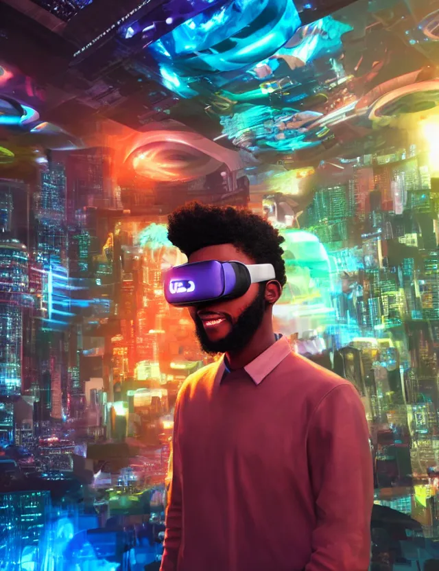 Prompt: young urban black man wearing a vr headset surrounded by curved holographic displays by artgerm, hyper realistic, artstation, illustration, digital oil painting, matte paint, vivid colors, bright, detailed and intricate environment