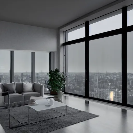 Image similar to brutalist penthouse open living room, big windows, showing city landscape on background, minimalist architecture, minimalist furniture, octane render, high quality, 8 k, post production