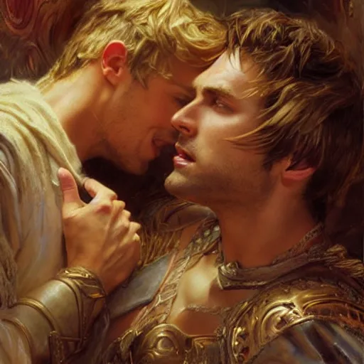 Image similar to attractive male arthur pendragon confesses his love to attractive male merlin. highly detailed painting by gaston bussiere, craig mullins, j. c. leyendecker 8 k